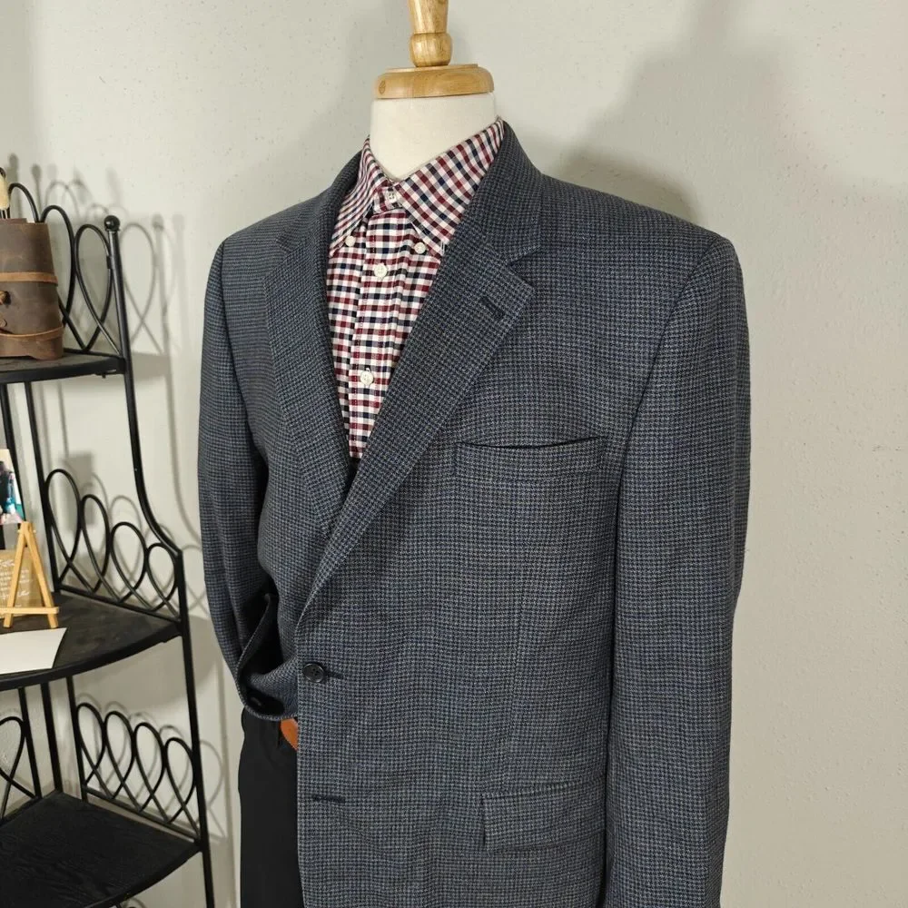 JOS A BANK Men's Flannel Sport Coat Blazer Two‎ Button Navy Houndstooth Wool 46R